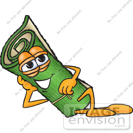 #23238 Clip Art Graphic of a Rolled Green Carpet Cartoon Character Resting His Head on His Hand by toons4biz