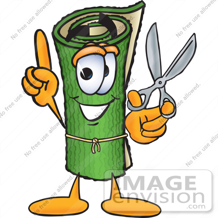 #23244 Clip Art Graphic of a Rolled Green Carpet Cartoon Character Holding a Pair of Scissors by toons4biz