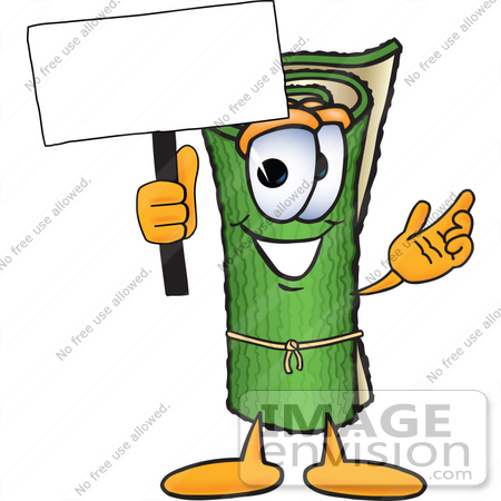 #23246 Clip Art Graphic of a Rolled Green Carpet Cartoon Character Holding a Blank Sign by toons4biz