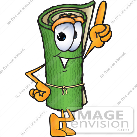 #23247 Clip Art Graphic of a Rolled Green Carpet Cartoon Character Pointing Upwards by toons4biz