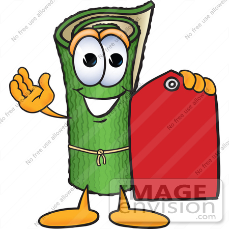 #23252 Clip Art Graphic of a Rolled Green Carpet Cartoon Character Holding a Red Sales Price Tag by toons4biz