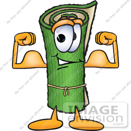 #23254 Clip Art Graphic of a Rolled Green Carpet Cartoon Character Flexing His Arm Muscles by toons4biz