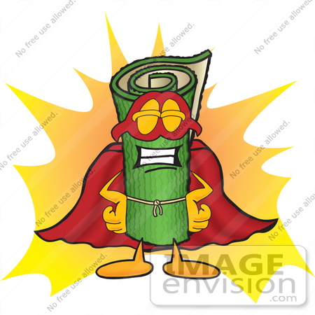 #23257 Clip Art Graphic of a Rolled Green Carpet Cartoon Character Dressed as a Super Hero by toons4biz