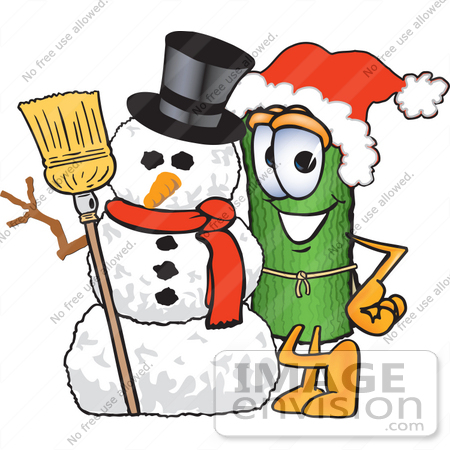 #23260 Clip Art Graphic of a Rolled Green Carpet Cartoon Character With a Snowman on Christmas by toons4biz