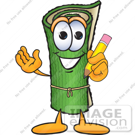 #23262 Clip Art Graphic of a Rolled Green Carpet Cartoon Character Holding a Pencil by toons4biz
