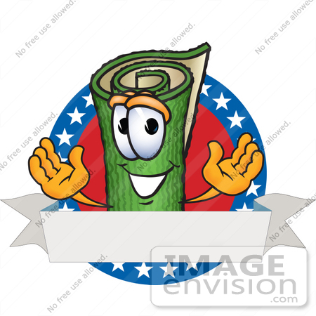 #23269 Clip Art Graphic of a Rolled Green Carpet Cartoon Character Logo With Stars by toons4biz