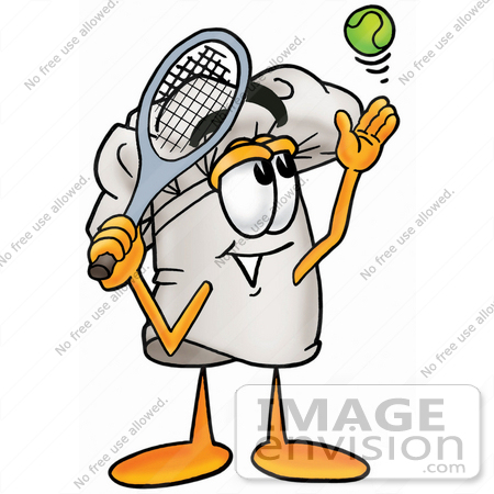 #23270 Clip Art Graphic of a White Chefs Hat Cartoon Character Preparing to Hit a Tennis Ball by toons4biz