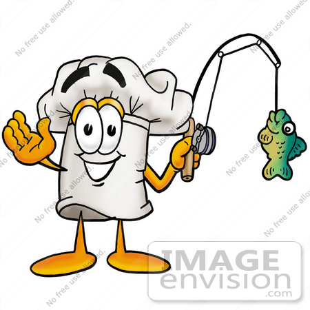 #23271 Clip Art Graphic of a White Chefs Hat Cartoon Character Holding a Fish on a Fishing Pole by toons4biz