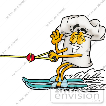 #23272 Clip Art Graphic of a White Chefs Hat Cartoon Character Waving While Water Skiing by toons4biz
