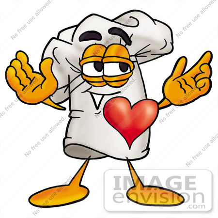 #23273 Clip Art Graphic of a White Chefs Hat Cartoon Character With His Heart Beating Out of His Chest by toons4biz