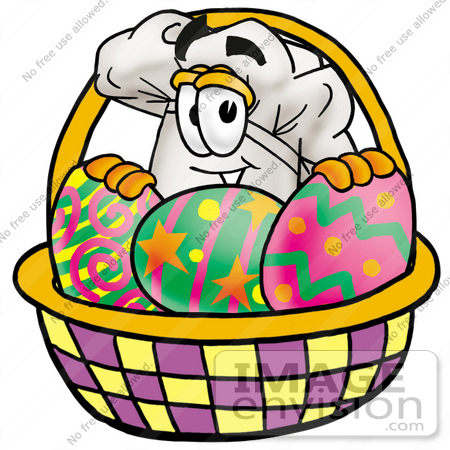 #23274 Clip Art Graphic of a White Chefs Hat Cartoon Character in an Easter Basket Full of Decorated Easter Eggs by toons4biz