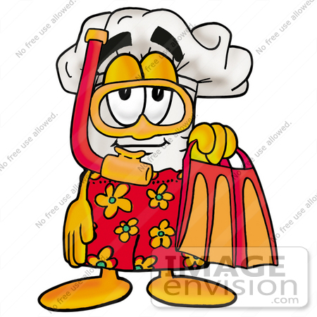 #23276 Clip Art Graphic of a White Chefs Hat Cartoon Character in Orange and Red Snorkel Gear by toons4biz