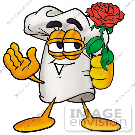 #23277 Clip Art Graphic of a White Chefs Hat Cartoon Character Holding a Red Rose on Valentines Day by toons4biz