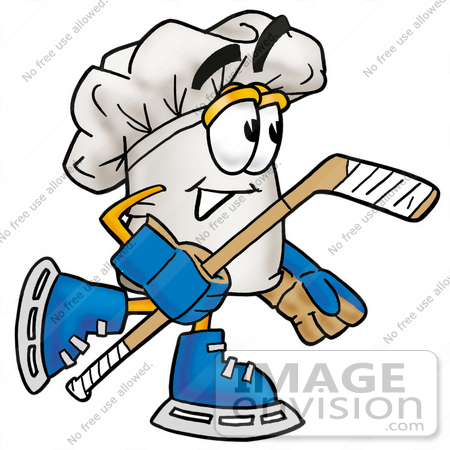 #23279 Clip Art Graphic of a White Chefs Hat Cartoon Character Playing Ice Hockey by toons4biz