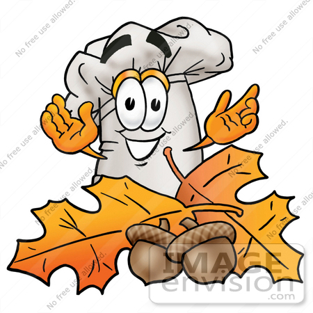 #23287 Clip Art Graphic of a White Chefs Hat Cartoon Character With Autumn Leaves and Acorns in the Fall by toons4biz