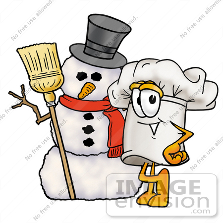 #23289 Clip Art Graphic of a White Chefs Hat Cartoon Character With a Snowman on Christmas by toons4biz
