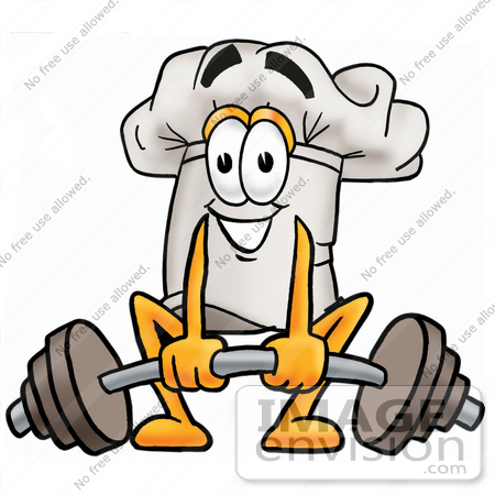 #23293 Clip Art Graphic of a White Chefs Hat Cartoon Character Lifting a Heavy Barbell by toons4biz