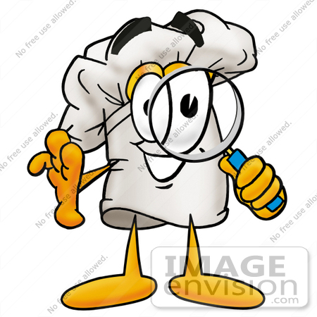 #23294 Clip Art Graphic of a White Chefs Hat Cartoon Character Looking Through a Magnifying Glass by toons4biz