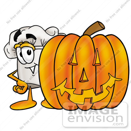 #23296 Clip Art Graphic of a White Chefs Hat Cartoon Character With a Carved Halloween Pumpkin by toons4biz