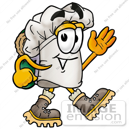 #23298 Clip Art Graphic of a White Chefs Hat Cartoon Character Hiking and Carrying a Backpack by toons4biz