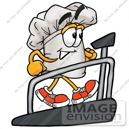 #23299 Clip Art Graphic of a White Chefs Hat Cartoon Character Walking on a Treadmill in a Fitness Gym by toons4biz