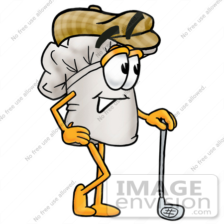 #23301 Clip Art Graphic of a White Chefs Hat Cartoon Character Leaning on a Golf Club While Golfing by toons4biz