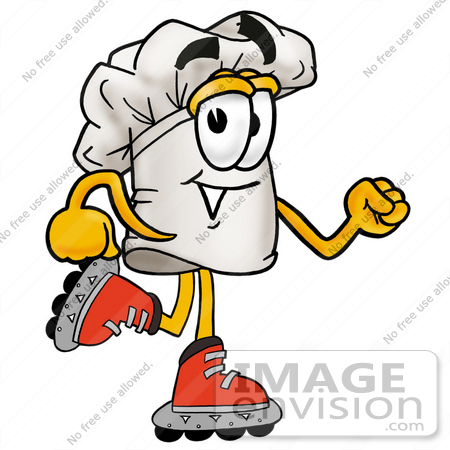 #23302 Clip Art Graphic of a White Chefs Hat Cartoon Character Roller Blading on Inline Skates by toons4biz