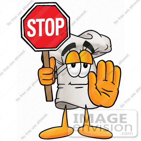 #23304 Clip Art Graphic of a White Chefs Hat Cartoon Character Holding a Stop Sign by toons4biz