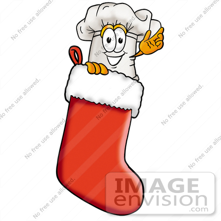 #23305 Clip Art Graphic of a White Chefs Hat Cartoon Character Inside a Red Christmas Stocking by toons4biz