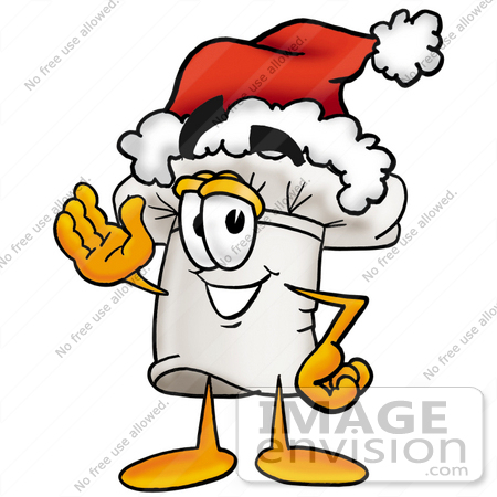 #23308 Clip Art Graphic of a White Chefs Hat Cartoon Character Wearing a Santa Hat and Waving by toons4biz