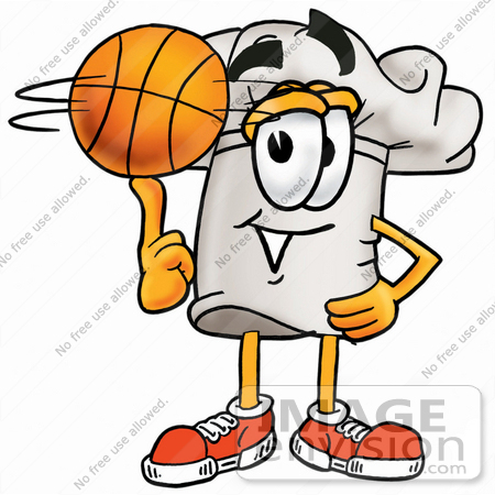 #23309 Clip Art Graphic of a White Chefs Hat Cartoon Character Spinning a Basketball on His Finger by toons4biz