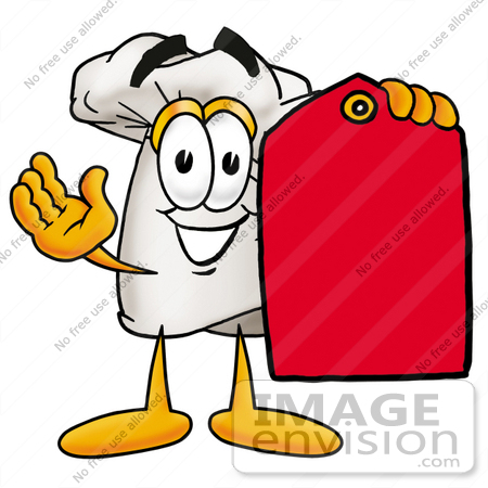 #23310 Clip Art Graphic of a White Chefs Hat Cartoon Character Holding a Red Sales Price Tag by toons4biz