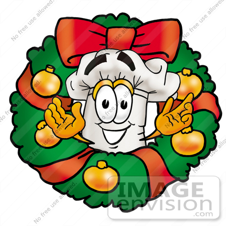 #23311 Clip Art Graphic of a White Chefs Hat Cartoon Character in the Center of a Christmas Wreath by toons4biz