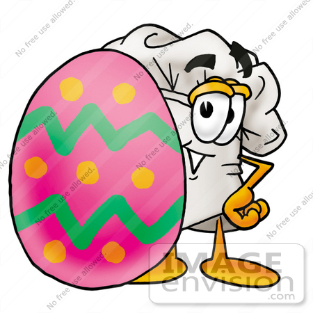 #23312 Clip Art Graphic of a White Chefs Hat Cartoon Character Standing Beside an Easter Egg by toons4biz
