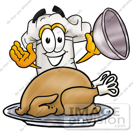 #23316 Clip Art Graphic of a White Chefs Hat Cartoon Character Serving a Thanksgiving Turkey on a Platter by toons4biz