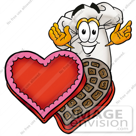#23319 Clip Art Graphic of a White Chefs Hat Cartoon Character With an Open Box of Valentines Day Chocolate Candies by toons4biz