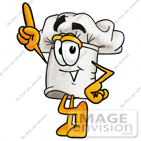 #23320 Clip Art Graphic of a White Chefs Hat Cartoon Character Pointing Upwards by toons4biz