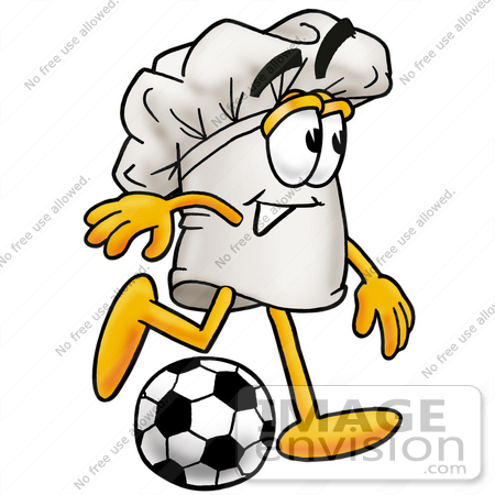 #23324 Clip Art Graphic of a White Chefs Hat Cartoon Character Kicking a Soccer Ball by toons4biz