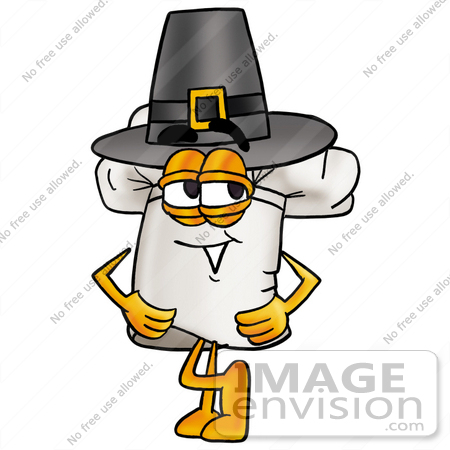 #23327 Clip Art Graphic of a White Chefs Hat Cartoon Character Wearing a Pilgrim Hat on Thanksgiving by toons4biz