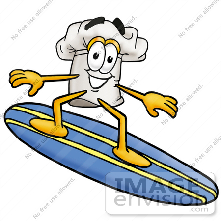 #23328 Clip Art Graphic of a White Chefs Hat Cartoon Character Surfing on a Blue and Yellow Surfboard by toons4biz
