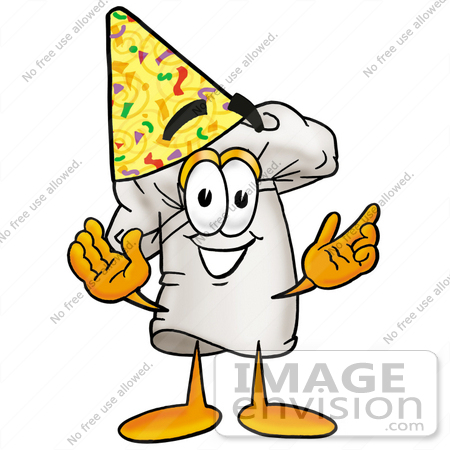 #23332 Clip Art Graphic of a White Chefs Hat Cartoon Character Wearing a Birthday Party Hat by toons4biz
