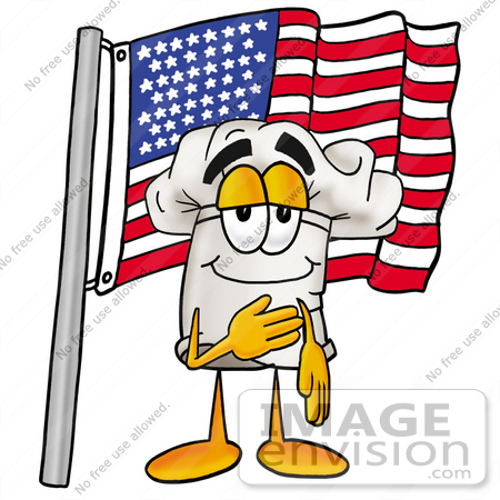 #23333 Clip Art Graphic of a White Chefs Hat Cartoon Character Pledging Allegiance to an American Flag by toons4biz