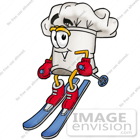#23334 Clip Art Graphic of a White Chefs Hat Cartoon Character Skiing Downhill by toons4biz