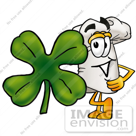 #23337 Clip Art Graphic of a White Chefs Hat Cartoon Character With a Green Four Leaf Clover on St Paddy’s or St Patricks Day by toons4biz