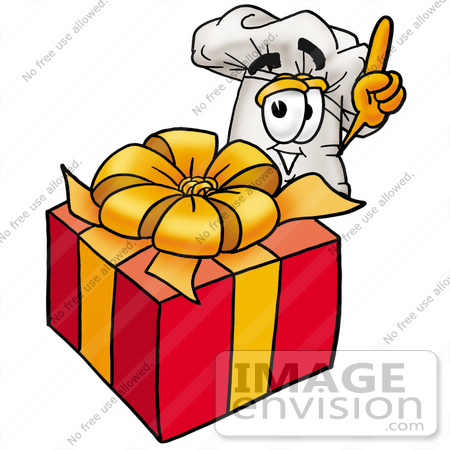 #23340 Clip Art Graphic of a White Chefs Hat Cartoon Character Standing by a Christmas Present by toons4biz