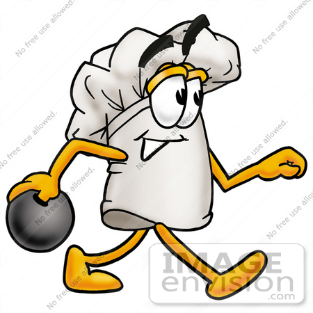 #23342 Clip Art Graphic of a White Chefs Hat Cartoon Character Holding a Bowling Ball by toons4biz