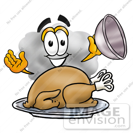 #23350 Clip Art Graphic of a Puffy White Cumulus Cloud Cartoon Character Serving a Thanksgiving Turkey on a Platter by toons4biz