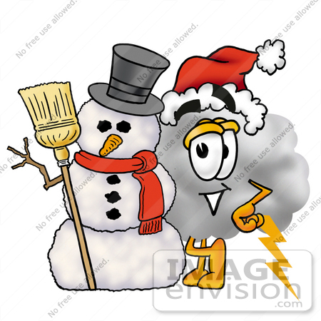 #23357 Clip Art Graphic of a Puffy White Cumulus Cloud Cartoon Character With a Snowman on Christmas by toons4biz