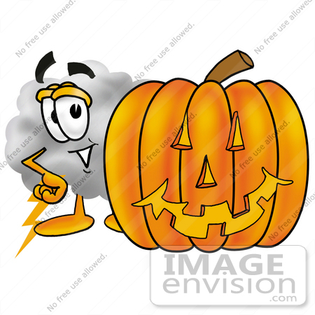 #23361 Clip Art Graphic of a Puffy White Cumulus Cloud Cartoon Character With a Carved Halloween Pumpkin by toons4biz