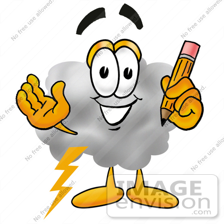 #23362 Clip Art Graphic of a Puffy White Cumulus Cloud Cartoon Character Holding a Pencil by toons4biz